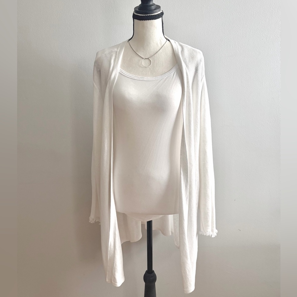 JJill Open Cardigan Long Line White Linen Blend Fringe Lightweight Extra Large